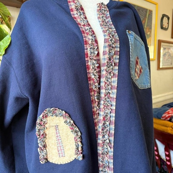 Vintage Handmade Cardigan Patchwork Denim w/ Heart Patch Ruffle Trim - Picture 3 of 7